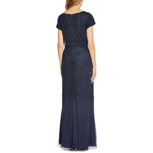 ADRIANNA PAPELL Beaded V-neck Short Sleeve Blouson Gown in Navy Size 2 - Picture 2 of 3